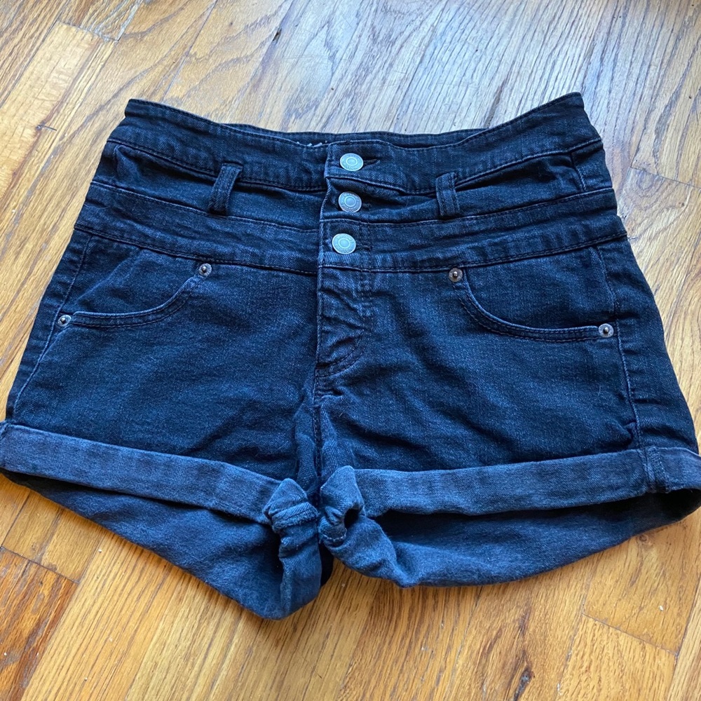 High Waisted Black Denim Shorts